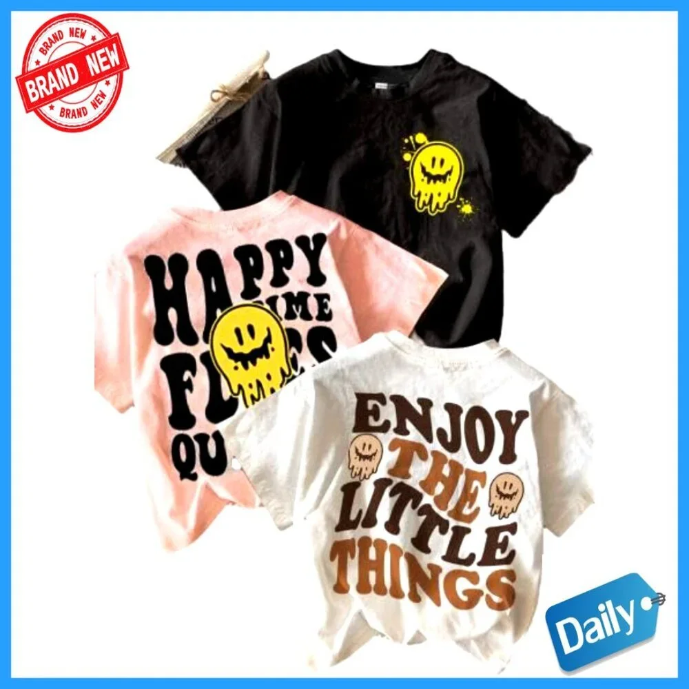 Girls 3-Piece Tee Set Short Sleeve Crew Neck Letter Print Summer Casual